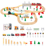 Locomotivă electrică Flippy pe șine de lemn natural, detaliu motor și vagoane, jucărie Montessori 3 ani+