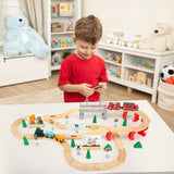 Conținut complet set trenulet lemn Flippy 72 piese: șine, pod, locomotivă electrică și accesorii multicolor