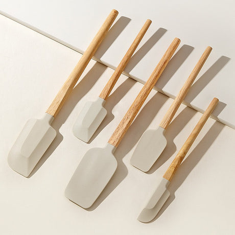 Set 5 Ustensile De Bucatarie, Din Silicon Si Lemn, Spatule De Diferite Dimensiuni, Termorezistente, Antiaderente, Bej-Maro - vivimall.ro