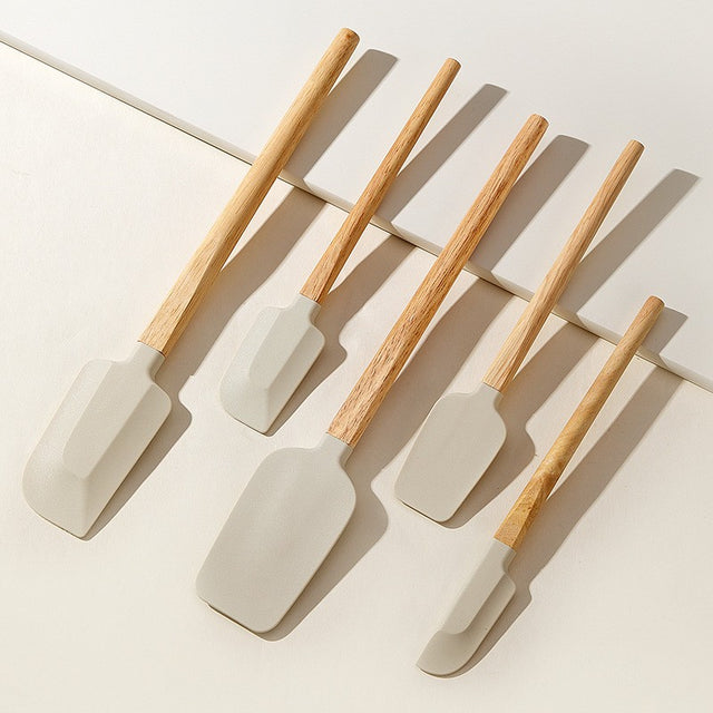 Set 5 Ustensile De Bucatarie, Din Silicon Si Lemn, Spatule De Diferite Dimensiuni, Termorezistente, Antiaderente, Bej-Maro - vivimall.ro