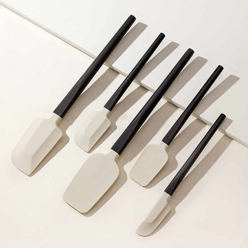 Set 5 Ustensile De Bucatarie, Din Silicon Si Lemn, Spatule De Diferite Dimensiuni, Termorezistente, Antiaderente, Alb-Negru - vivimall.ro