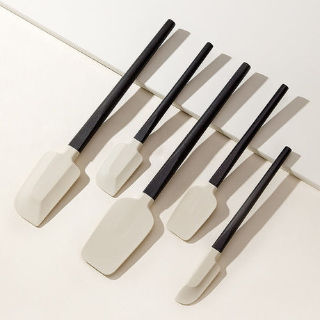Set 5 Ustensile De Bucatarie, Din Silicon Si Lemn, Spatule De Diferite Dimensiuni, Termorezistente, Antiaderente, Alb-Negru - vivimall.ro