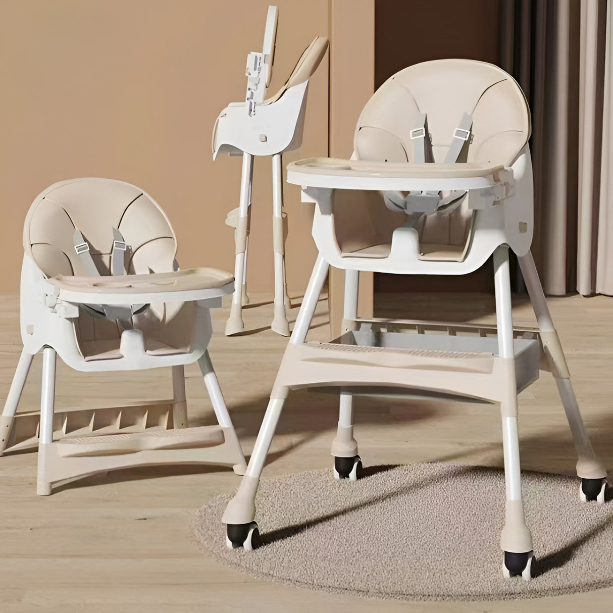 Scaun De Masa Pentru Bebelusi Si Copii, Cu Roti, Telescopic, Pliabil, Masuta Reglabila, Suport Picioare, Scaun Cu Invelis Piele Artificiala, Centura Siguranta, Spatiu Depozitare