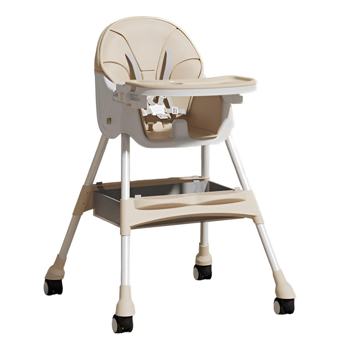 Scaun De Masa Pentru Bebelusi Si Copii, Cu Roti, Telescopic, Pliabil, Masuta Reglabila, Suport Picioare, Scaun Cu Invelis Piele Artificiala, Centura Siguranta, Spatiu Depozitare