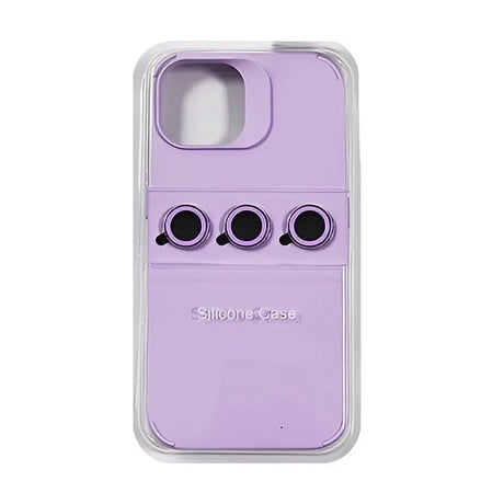 Husă iPhone 15 Pro mov, detaliu lentile fosforescente ceramice protecție cameră, unghi lateral