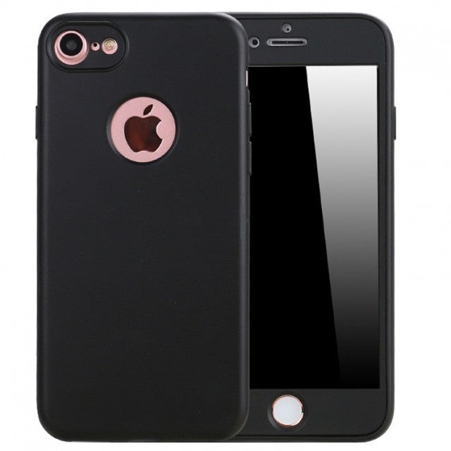 Husa Apple iPhone 7 Full Silicone 360 Negru + Folie de protectie - vivimall.ro