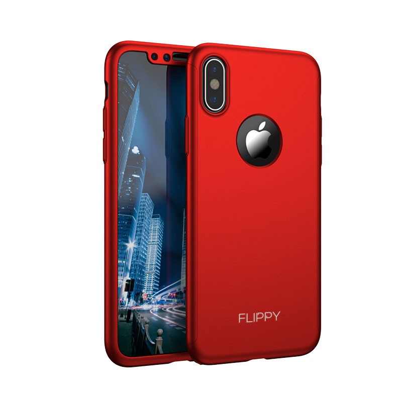 Set Husa si Folie de Protectie, Flippy, Compatibila cu Apple iPhone X, Full Cover 360°, Plastic + Sticla, Rosu - vivimall.ro