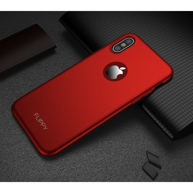 Set Husa si Folie de Protectie, Flippy, Compatibila cu Apple iPhone X, Full Cover 360°, Plastic + Sticla, Rosu - vivimall.ro