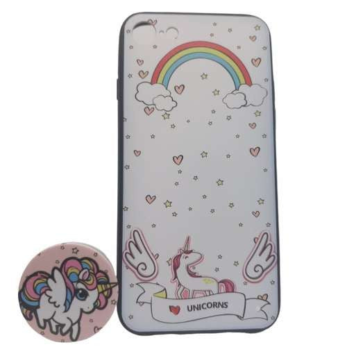 Detaliu imprimeu unicorn multicolor pe husă iPhone XS Max cu Popsocket atașat