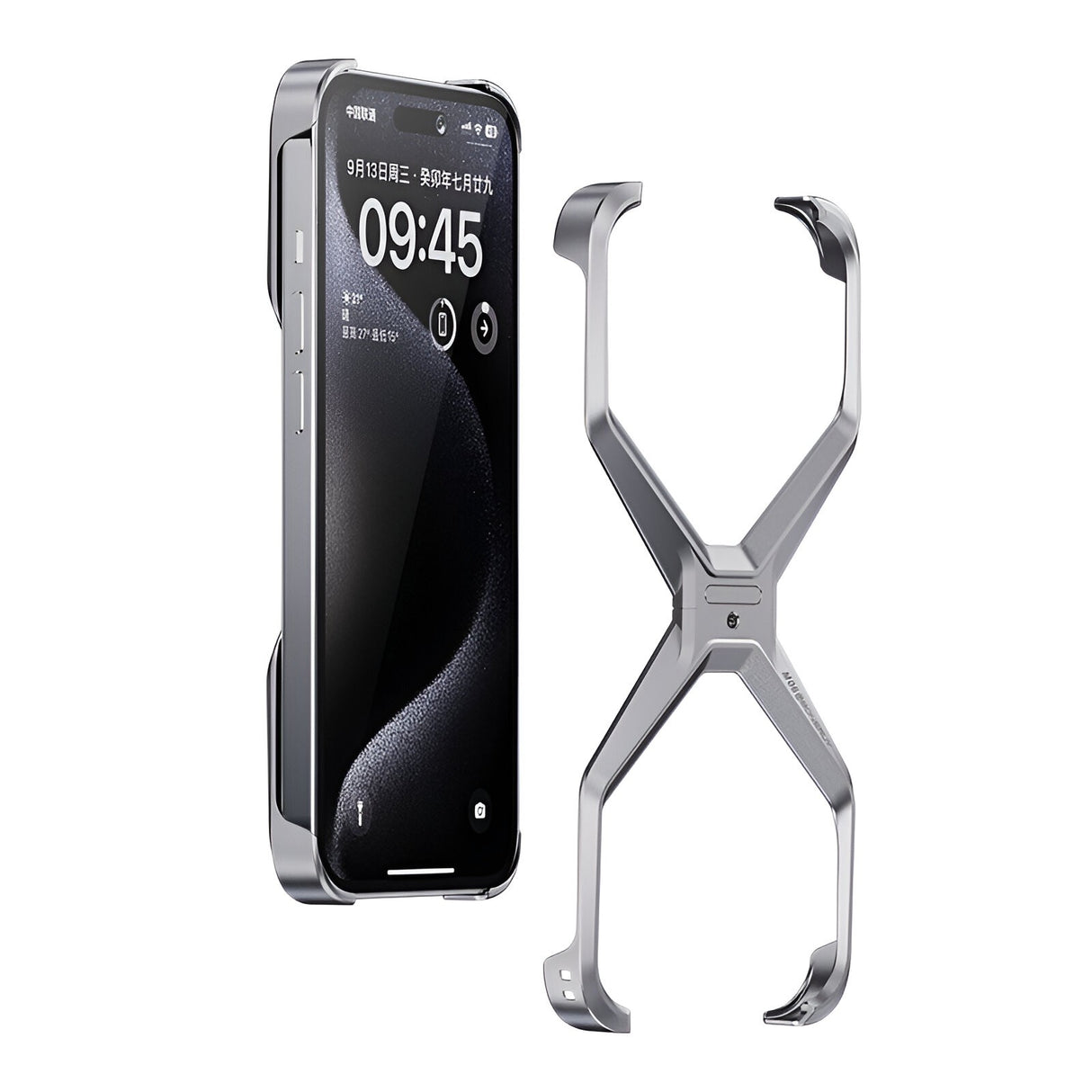 Husă Armor X pentru iPhone 15 din aliaj de aluminiu, culoare gri metalizat, vedere frontală