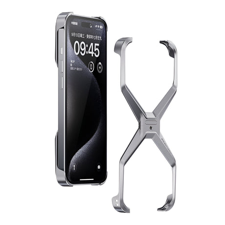 Husă Armor X pentru iPhone 15 din aliaj de aluminiu, culoare gri metalizat, vedere frontală