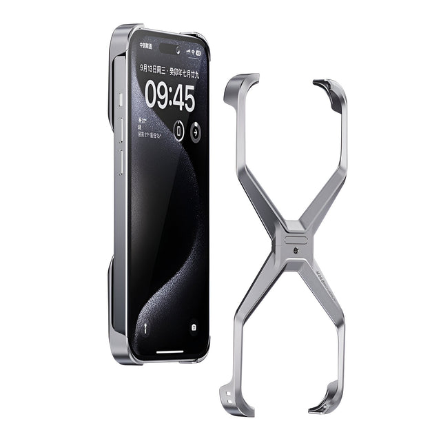 Husă Armor X pentru iPhone 15 Pro Max, aliaj aluminiu, gri metalizat, vedere frontală