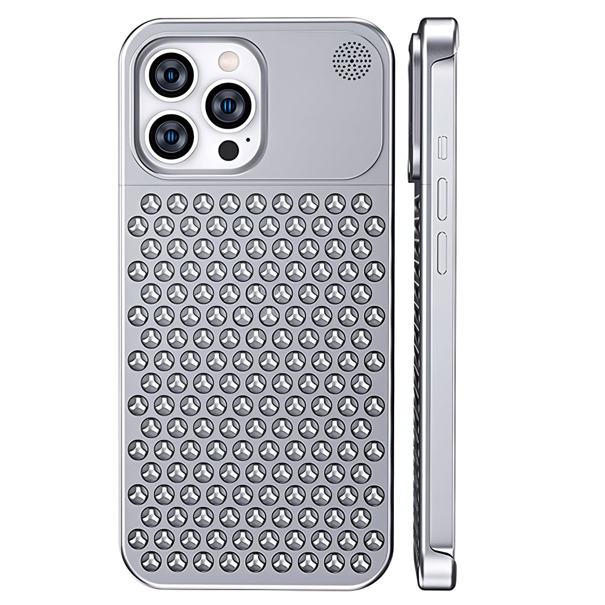 Husă iPhone 15 Pro din aliaj de aluminiu argintiu cu structură de răcire 3D, vedere frontală