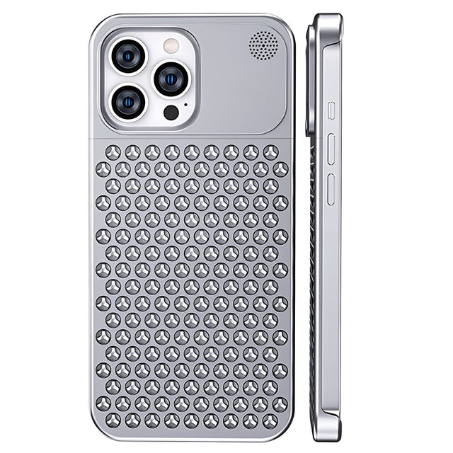 Husă iPhone 15 Pro din aliaj de aluminiu argintiu cu structură de răcire 3D, vedere frontală