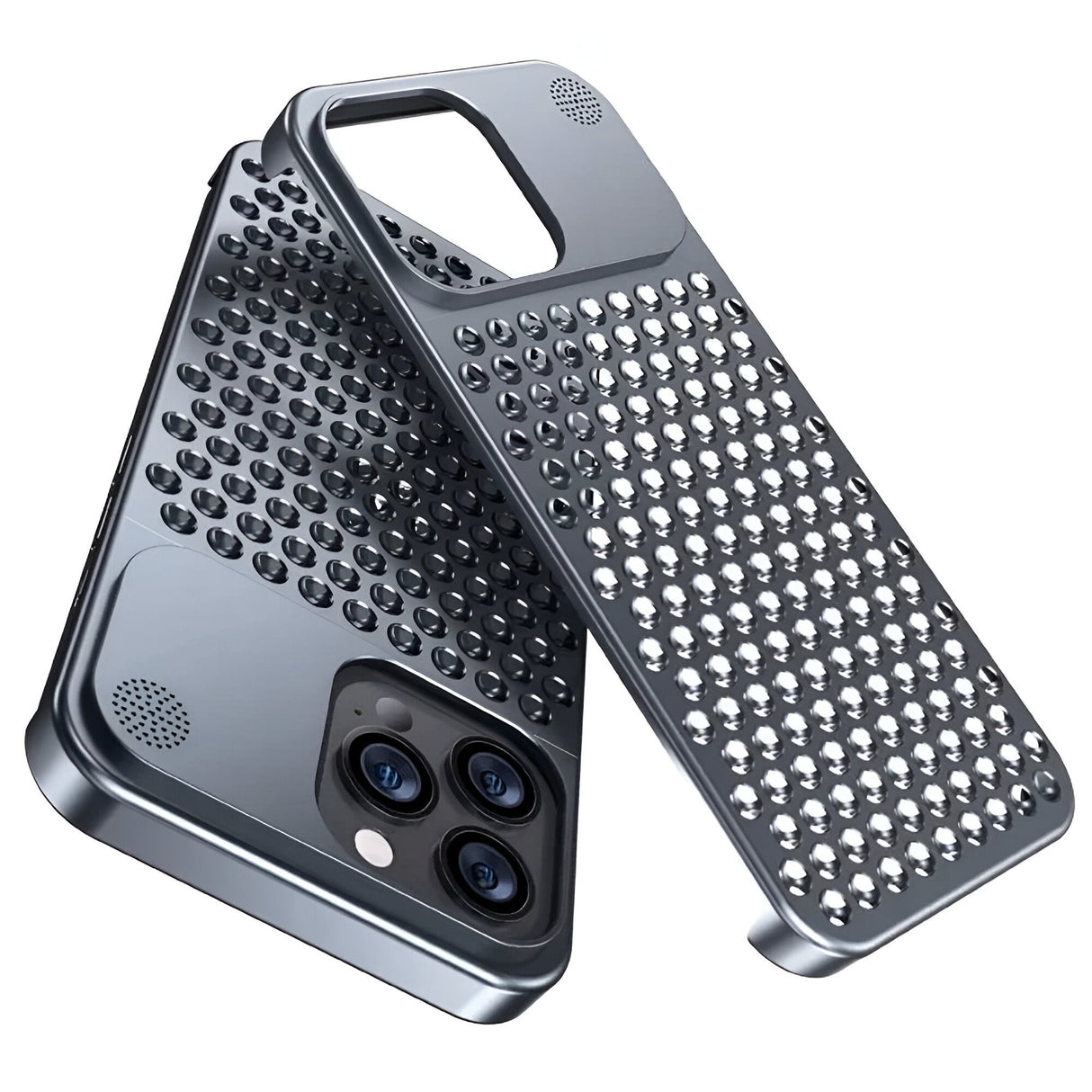 Husă iPhone 15 Pro Max gri, secțiune aromaterapie integrată pe spate, detaliu aproape