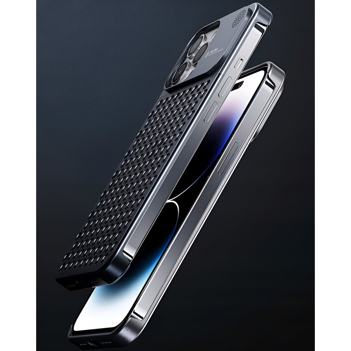 Husă iPhone 15 Pro Max aluminiu gri, protecție cameră și ecran, unghi trei sferturi