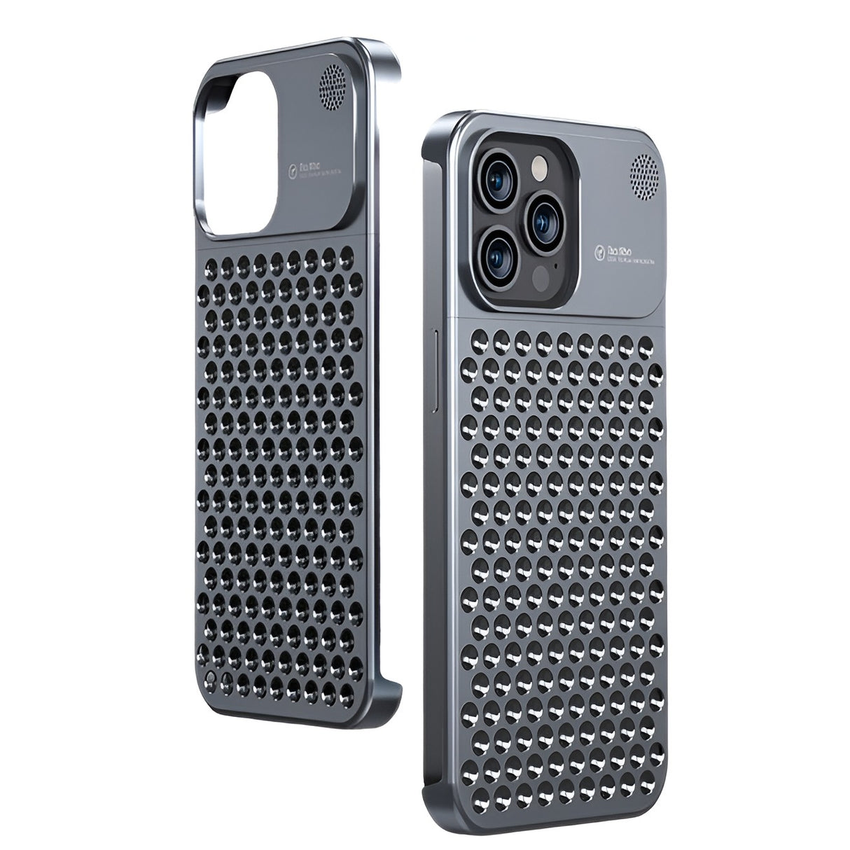 Husă iPhone 15 Pro Max din aliaj aluminiu CNC, culoare gri, vedere frontală, model aromaterapie