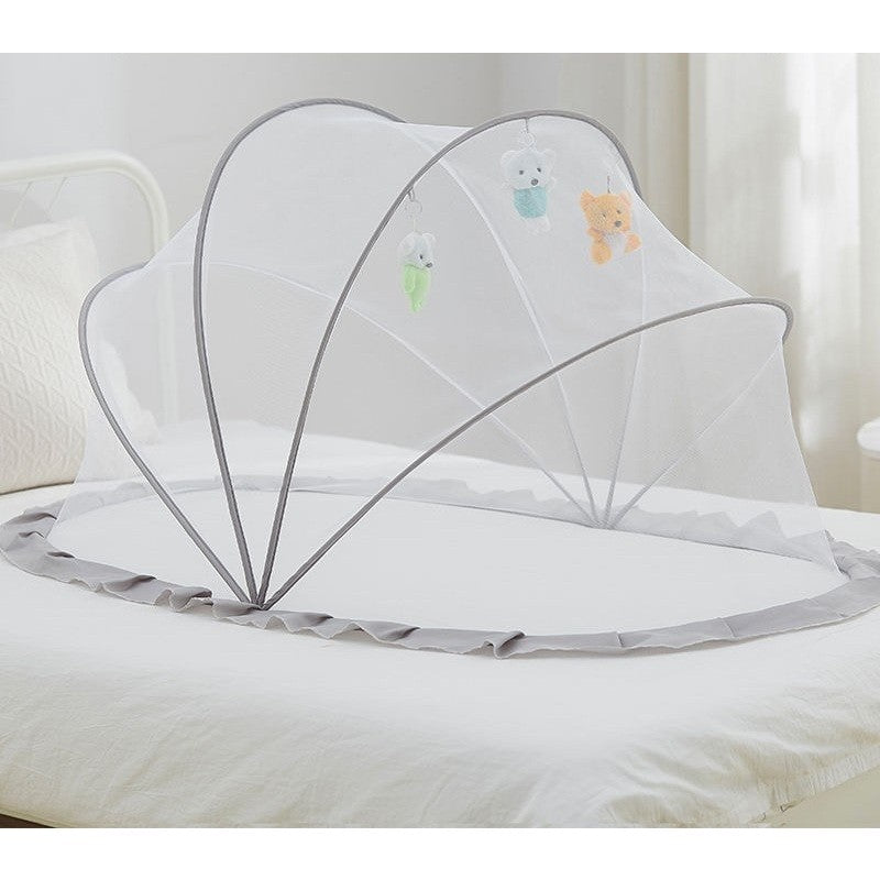 Husă anti-țânțari Vivimall gri montată pe pătuț bebeluș, protecție 360 grade insecte, 0-1 an