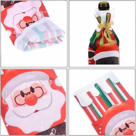 Detaliu design Moș Crăciun pe husă textilă pentru sticlă de vin, culori festive multicolor, 34 cm