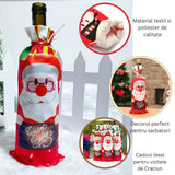Husă festică Crăciun pe sticlă de vin, model Moș Crăciun, lungime 34 cm, aranjament decorativ masă