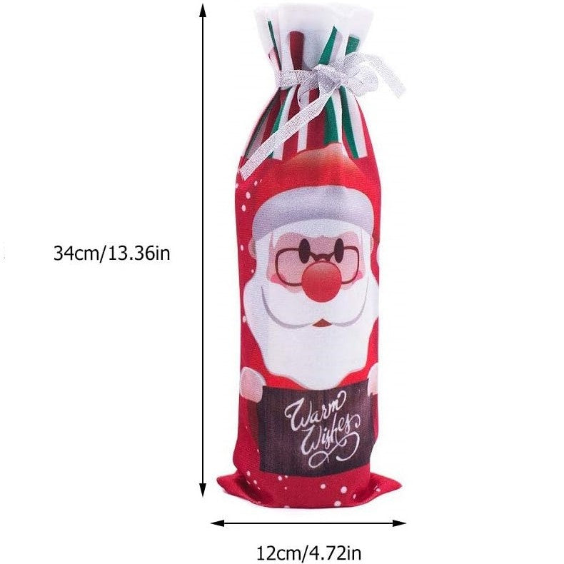 Vedere laterală husă Crăciun sticlă vin, model Moș Crăciun, material textil moale, 34 cm