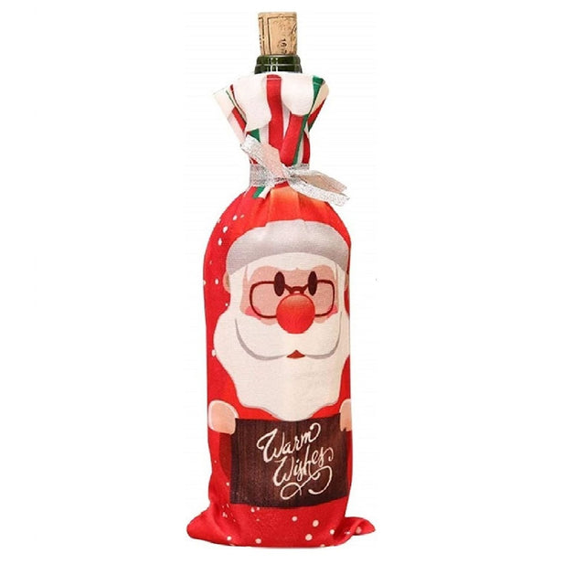 Husă Crăciun pentru sticlă de vin cu model Moș Crăciun, material textil multicolor, 34 cm, vedere frontală