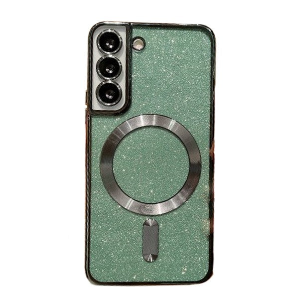 Husă Samsung Galaxy S24 Glitter Chrome MagSafe din TPU, culoare verde, vedere frontală cu protecție lentilă