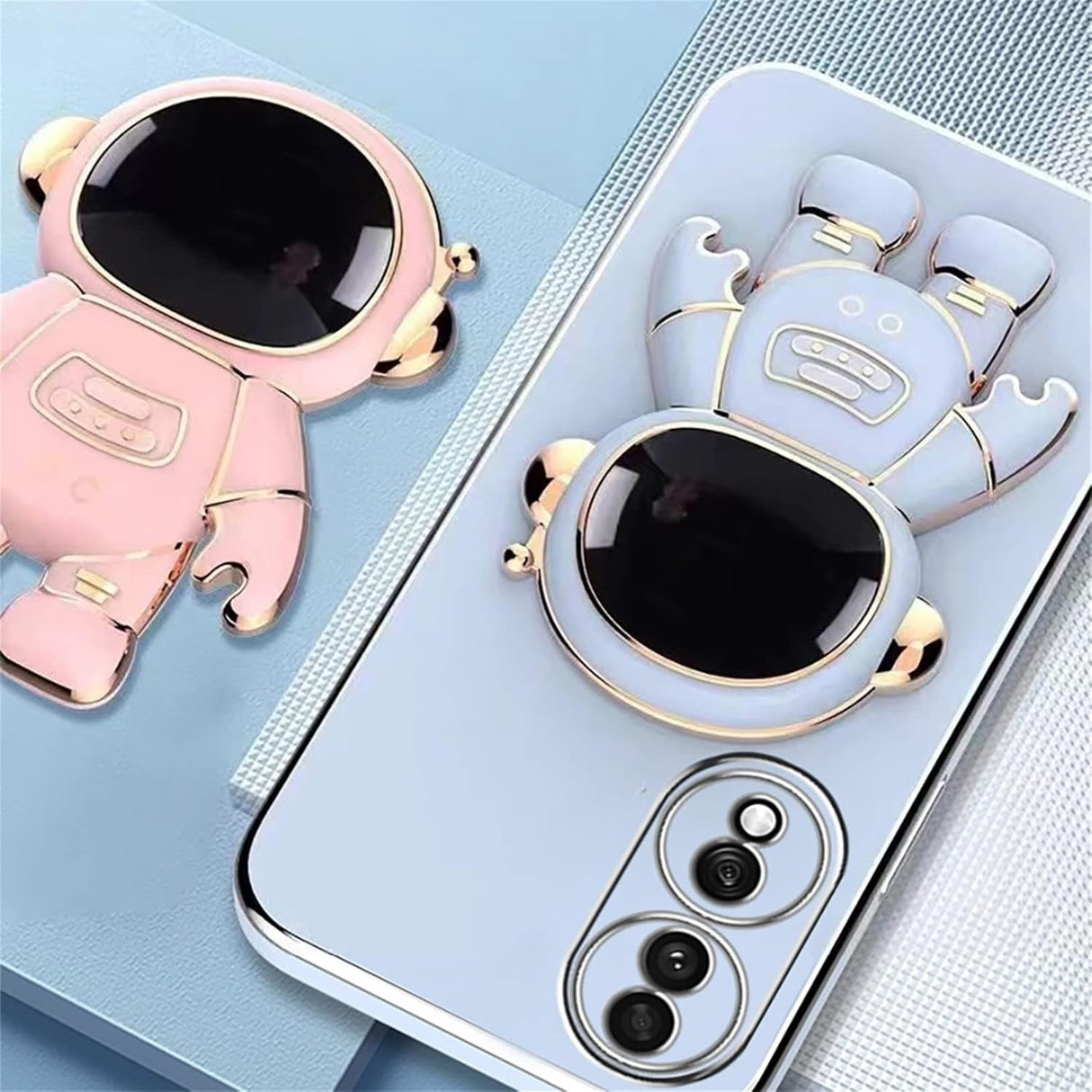 Detaliu suport tip astronaut husă Huawei Mate 60 Pro verde, poziție verticală pentru telefon