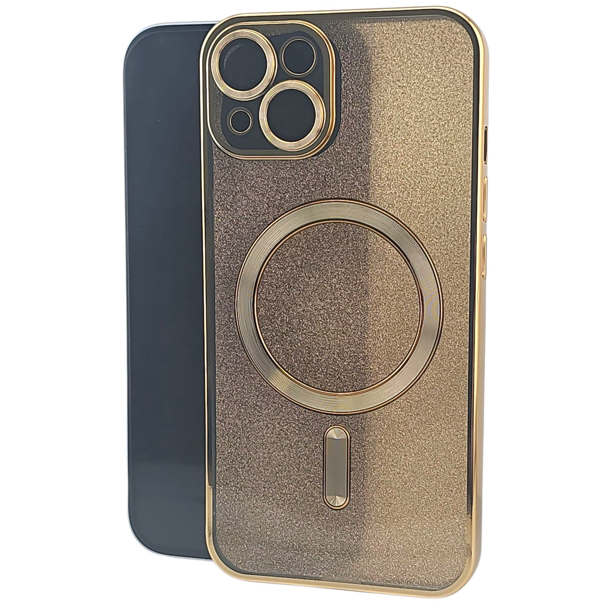 Husă iPhone 15 MagSafe 2 în 1 din TPU auriu cu efect glitter, vedere frontală, compatibilă MagSafe