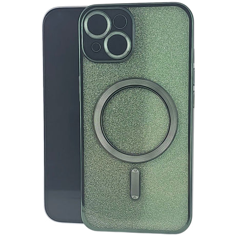 Husă iPhone 15 MagSafe 2 în 1 din TPU verde cu efect glitter, vedere frontală, protecție lentilă