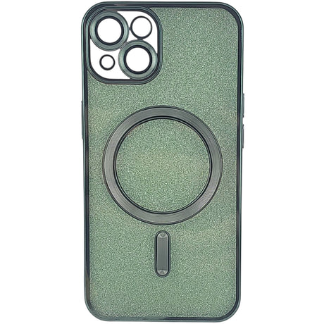 Detaliu sistem magnetic MagSafe și ramă protecție lentilă husă iPhone 15 Plus verde