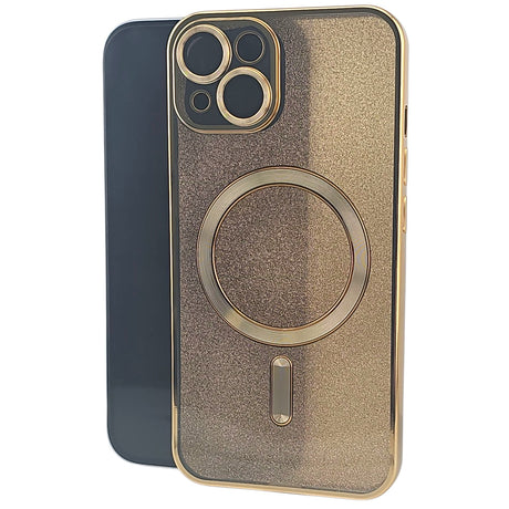 Husă iPhone 15 Plus MagSafe 2 în 1 din TPU auriu cu efect glitter, vedere frontală, model Vivimall