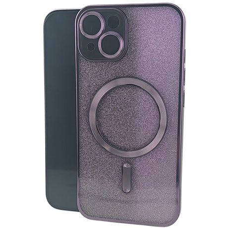 Husă iPhone 15 Plus 2 în 1 MagSafe din TPU mov cu efect glitter, vedere frontală, model Vivimall