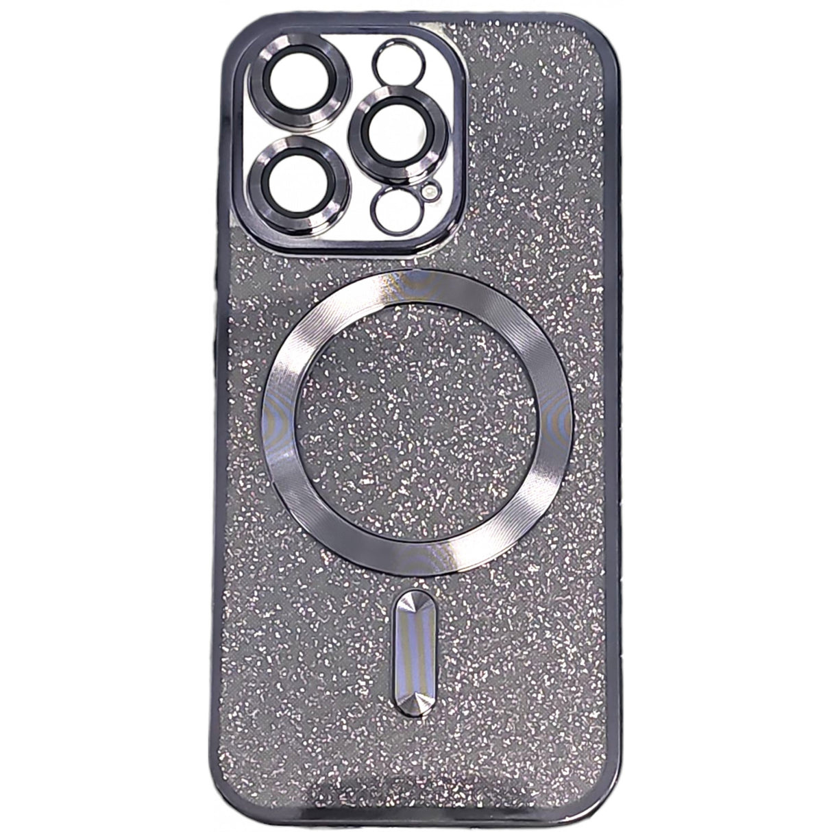 Detaliu inel protecție lentilă cameră husă iPhone 15 Pro MagSafe, TPU negru cu efect glitter
