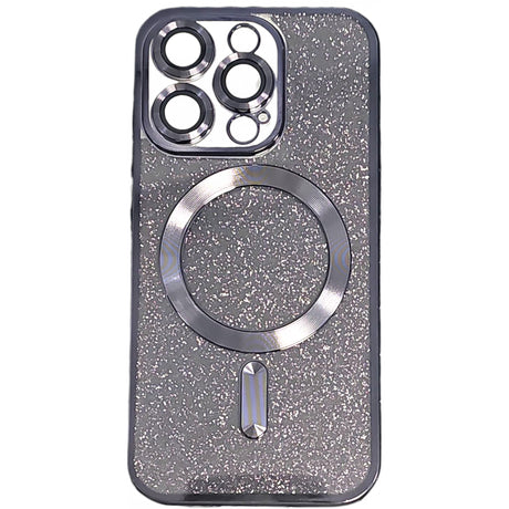 Detaliu inel protecție lentilă cameră husă iPhone 15 Pro MagSafe, TPU negru cu efect glitter