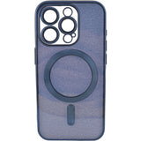 Detaliu inel protecție lentilă cameră husă iPhone 15 Pro Max cu efect glitter albastru marin