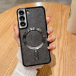Husă Samsung Galaxy S23FE, 2 în 1, TPU Glitter Chrome negru, protecție lentilă, sistem magnetic MagSafe, vedere frontală