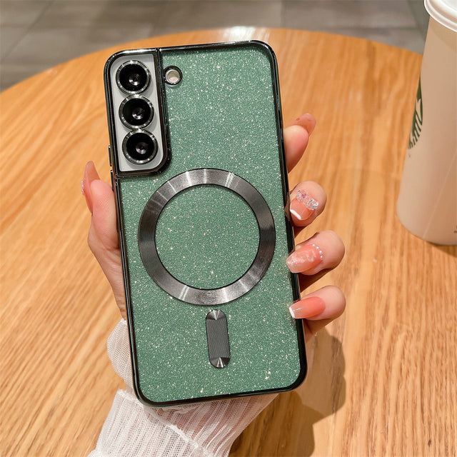 Husa de Protectie 2 in 1, Vivimall, pentru Samsung Galaxy S23FE, Glitter Chrome Magsafe, din TPU, Magnetica, cu Protectie Lentila, Verde - vivimall.ro