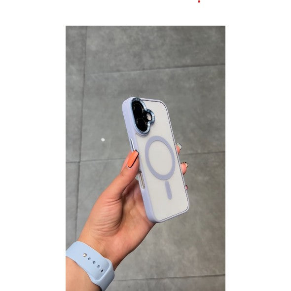 Carcasă iPhone 16 TPU/PC mov transparent, vedere laterală decupaje precise butoane și port