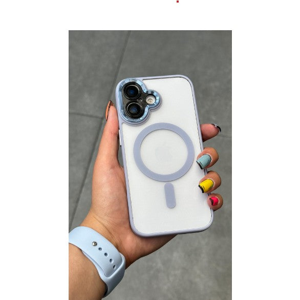 Husă antisoc iPhone 16 MagSafe, detaliu finisaj transparent mov anti-reflex, unghi spate