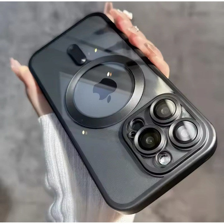 Husă transparentă gri iPhone 16 cu tehnologie MagSafe, vedere laterală, design subțire