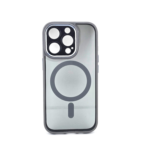 Husă iPhone 16 MagSafe transparentă gri din TPU/PC, vedere frontală, protecție cameră și antisoc