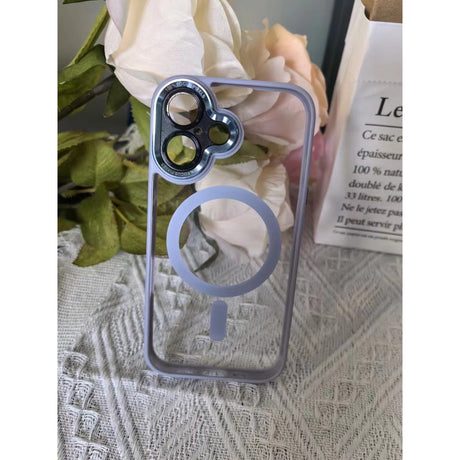 Husă MagSafe iPhone 16 Plus mov lila transparent, unghi lateral stânga, profil subțire