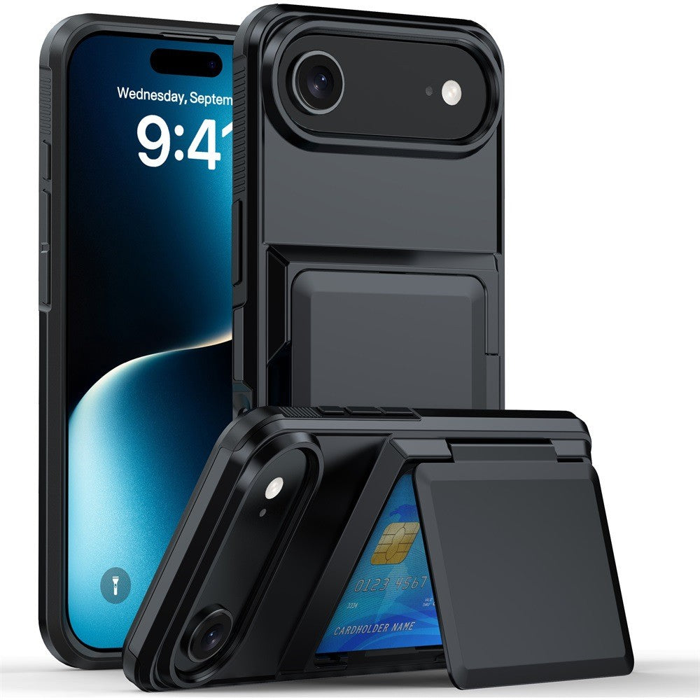 Husă neagră din policarbonat pentru Apple iPhone 17 Air, cu compartiment carduri și suprafață anti-alunecare, vedere frontală