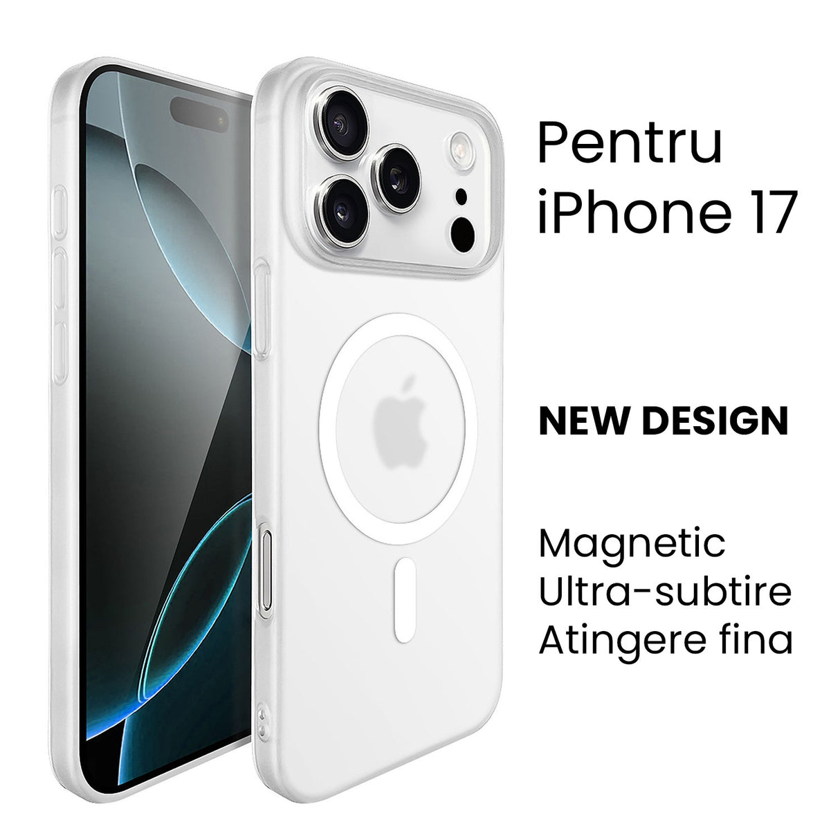 Detaliu textură anti-alunecare husă iPhone 17 albă din PC, compatibilă MagSafe
