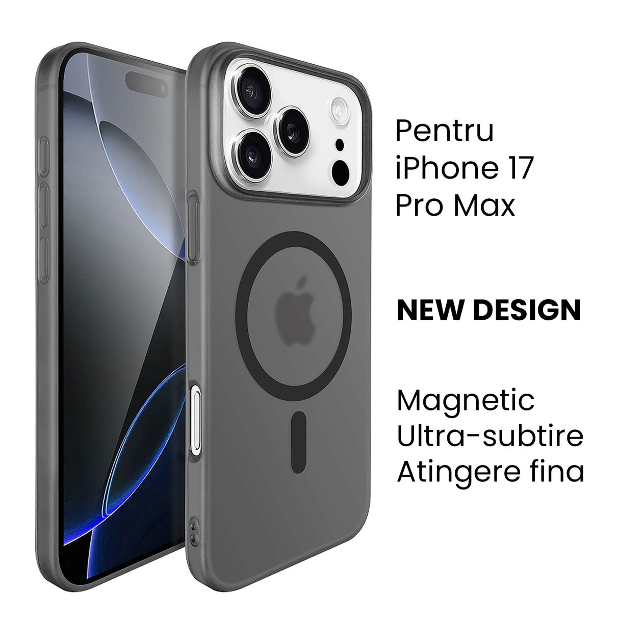 Husă de protecție iPhone 17 Pro Max negru, detaliu suprafață anti-alunecare și finisaj mat