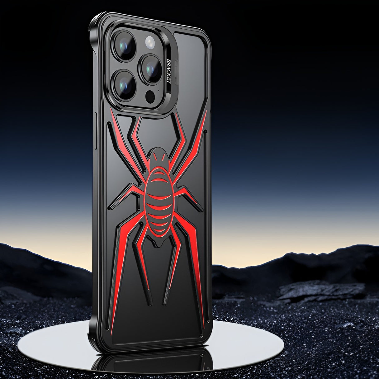 Husă iPhone 15 Pro Armor Protective, perspectivă 45 de grade, design Păianjen negru-roșu