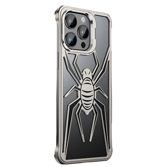 Husa de Protectie Compatibila iPhone 15 Pro, cu Suport Metalic pentru Camera, Armor Protective Series, Flippy, Antisoc, Protectie de Metal pe Margini, Model Paianjen, Negru Gri - vivimall.ro