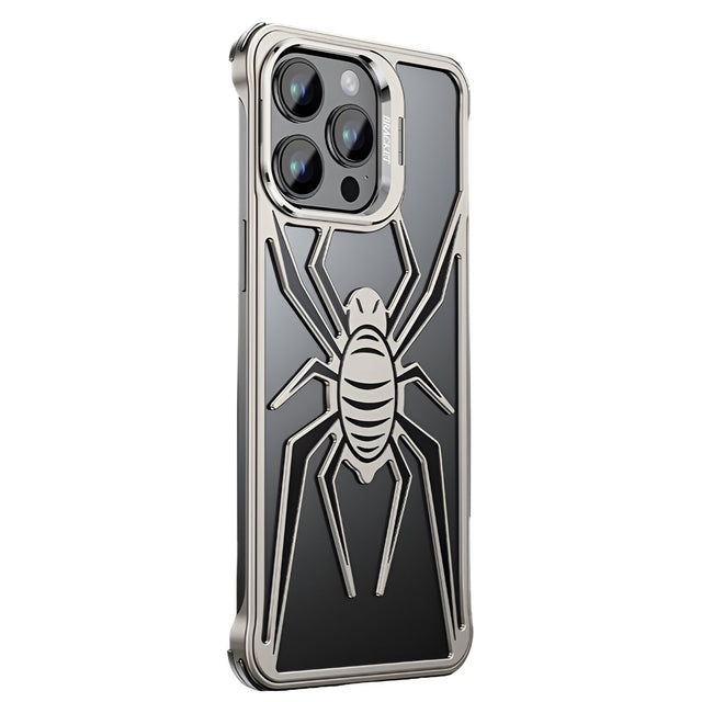 Husă iPhone 15 Pro Max Armor Protective, model păianjen negru-gri, vedere frontală cu protecție metalică pe margini