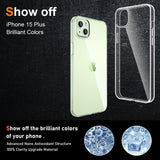 Detaliu colț husă iPhone 15 Plus antisoc din silicon și policarbonat transparent, protecție impact